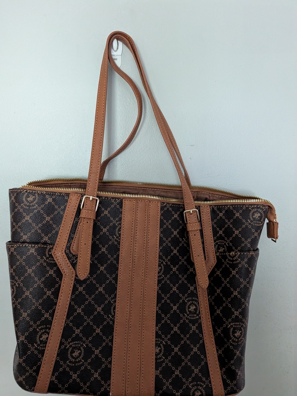 Beverly Hills Polo Club Brown Patterned Tote with Tan Trim